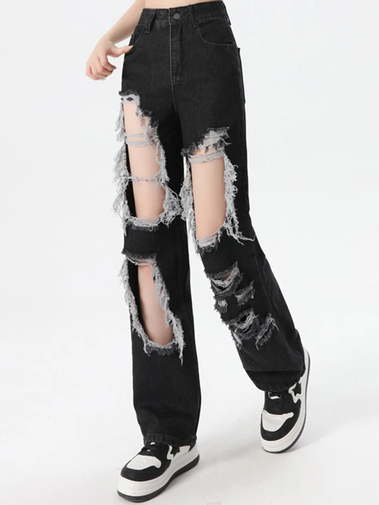 Women Korean High Waist Grunge Ripped Jeans Lady Street Gothic Denim Straight Leg Pants Girls Fashion Black Hole Trousers 250122