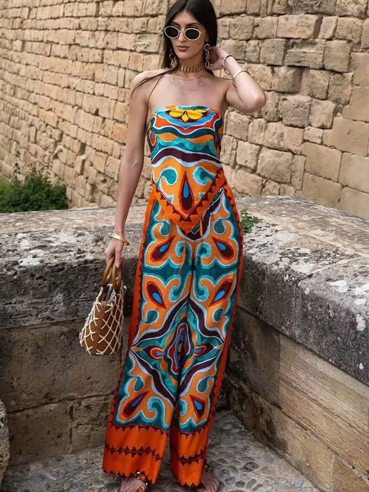 Vintage Women Loose Boho Two Piece Set Summer Fashion Ladies Vocation Satin Pant Sets Chic Female Trouser Suit Outfits 250118