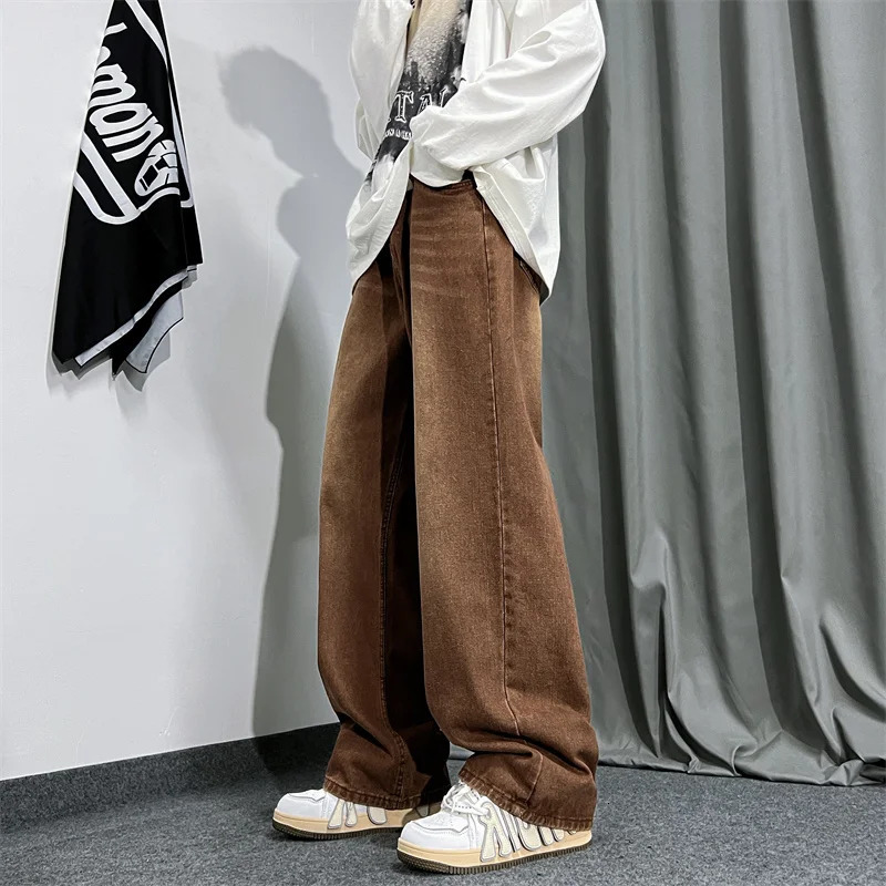 Brown Baggy Jeans Men Fashion Casual Vintage Streetwear Hiphop Loose Straight Mens Retro Denim Trousers M3XL 250121