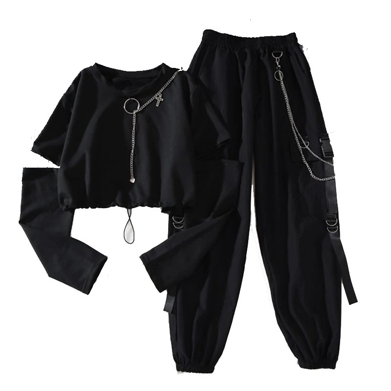 Spring Autumn Women Harajuku Cargo Pants Handsome Cool Two-piece Suit Chain Long SleeveRibbon Pants 250118