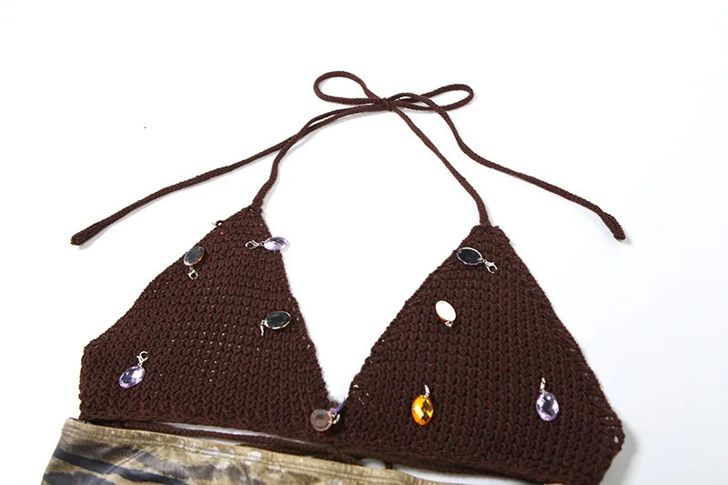 Women Holiday Beach Two Piece Set Crystals Knitted Patchwork Lace Up Halter Backless Tank Tops Ruffles Printed Mini Skirt Suit 250113