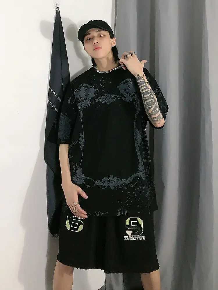 American retro long street skirt washed out mens T-shirt loose hip-hop style summer style Y2K Harajuku W250117