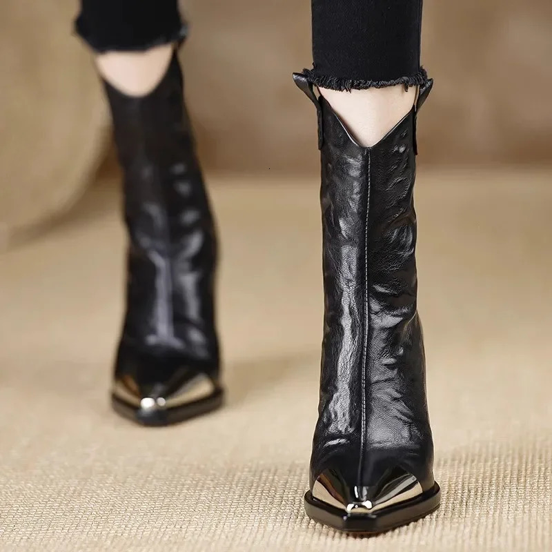 Metal Square Toe Ankle Boots for Women Fashion Patent Leather Womens Shoes Botas Mujer High Heels Zapatos 250117