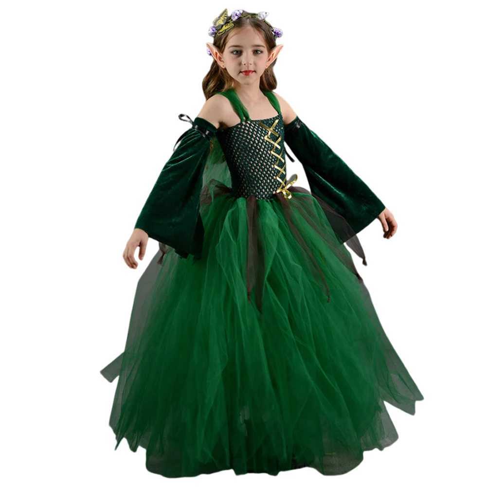 Kids Girls Elf Cosplay Tutu Dance Skirts Costume Children Roleplay Dress Up Performance Stage Dress Elf Earrings Halloween Cloth W250117