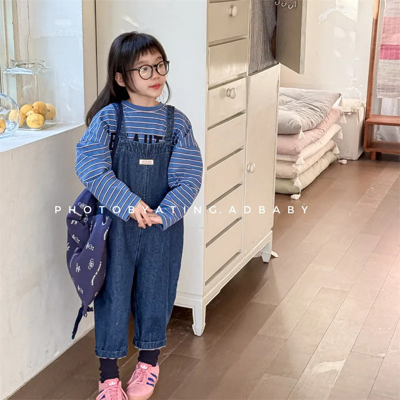 Spring Children Loose Overalls Cotton Baby Girls Cartoon Print Strap Pants Boys Wide Leg Kids Casual Trousers 250117
