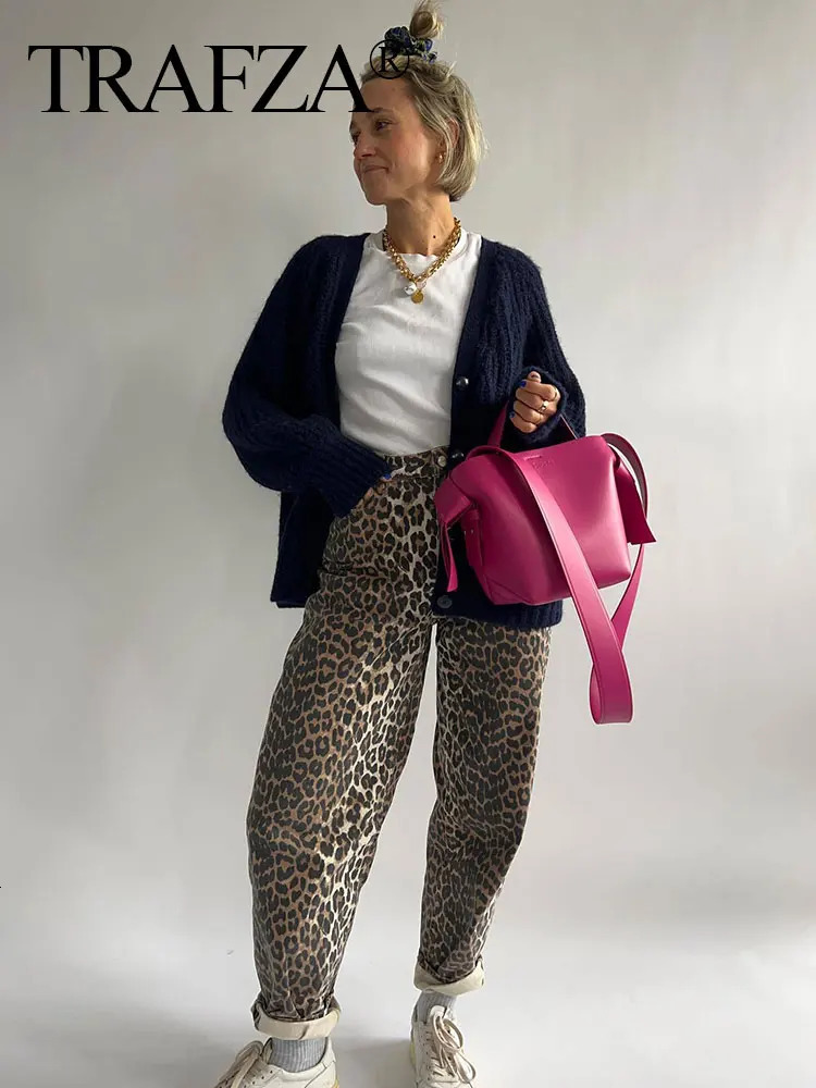 TRAFZA Woman Leopard Print Trouser High Waist Loose Zipper Fly Female Long Pants Vintage Streetwear Womens Wide Leg Pant 250117