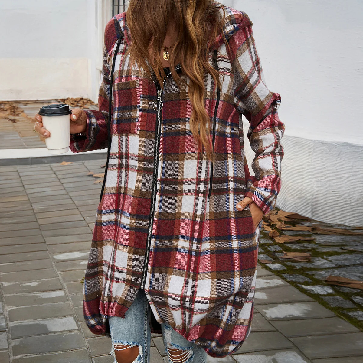 YJKDYK Spring Autumn Womens Windbreaker Female Casual Loose Contrast Zipper Hooded Jacket Ladys Plaid Coats Womens Clothing 250118