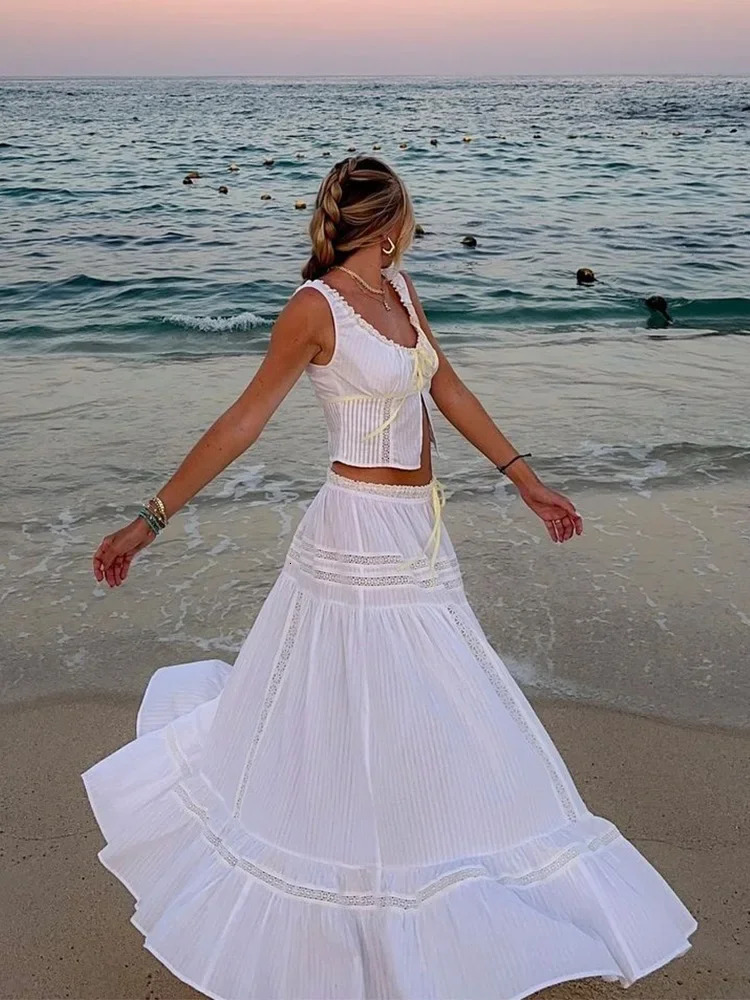 White lace dress set for women summer beach cotton matching set 2-piece long skirt set Vestidos womens 2025 250110
