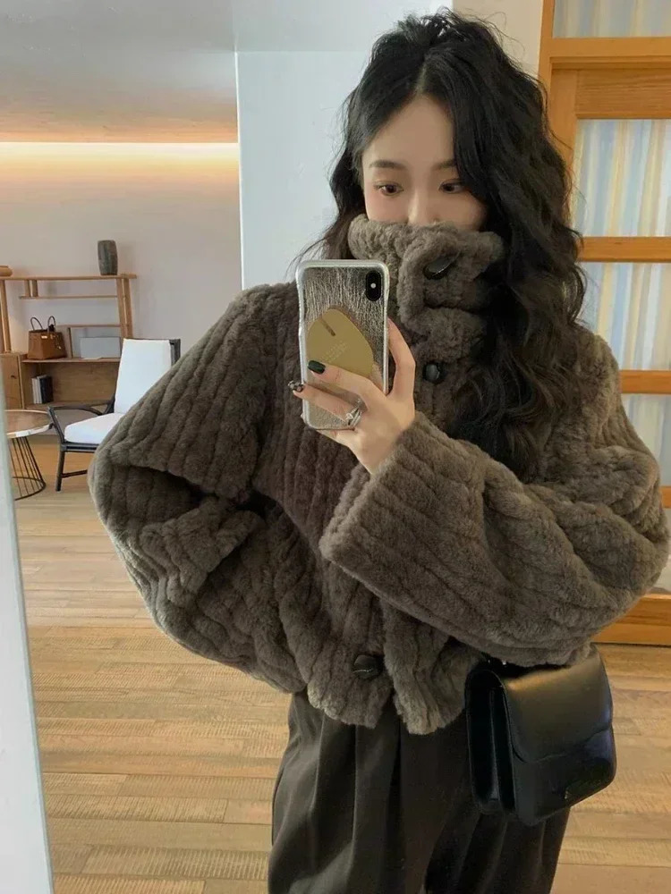 Vintage Cropped Stand Neck Loose Casual Jacket Japanese Streetwear Fashion Fluffy Coats Y2k Aesthetic Grunge Women Chaqueta Coat 250118