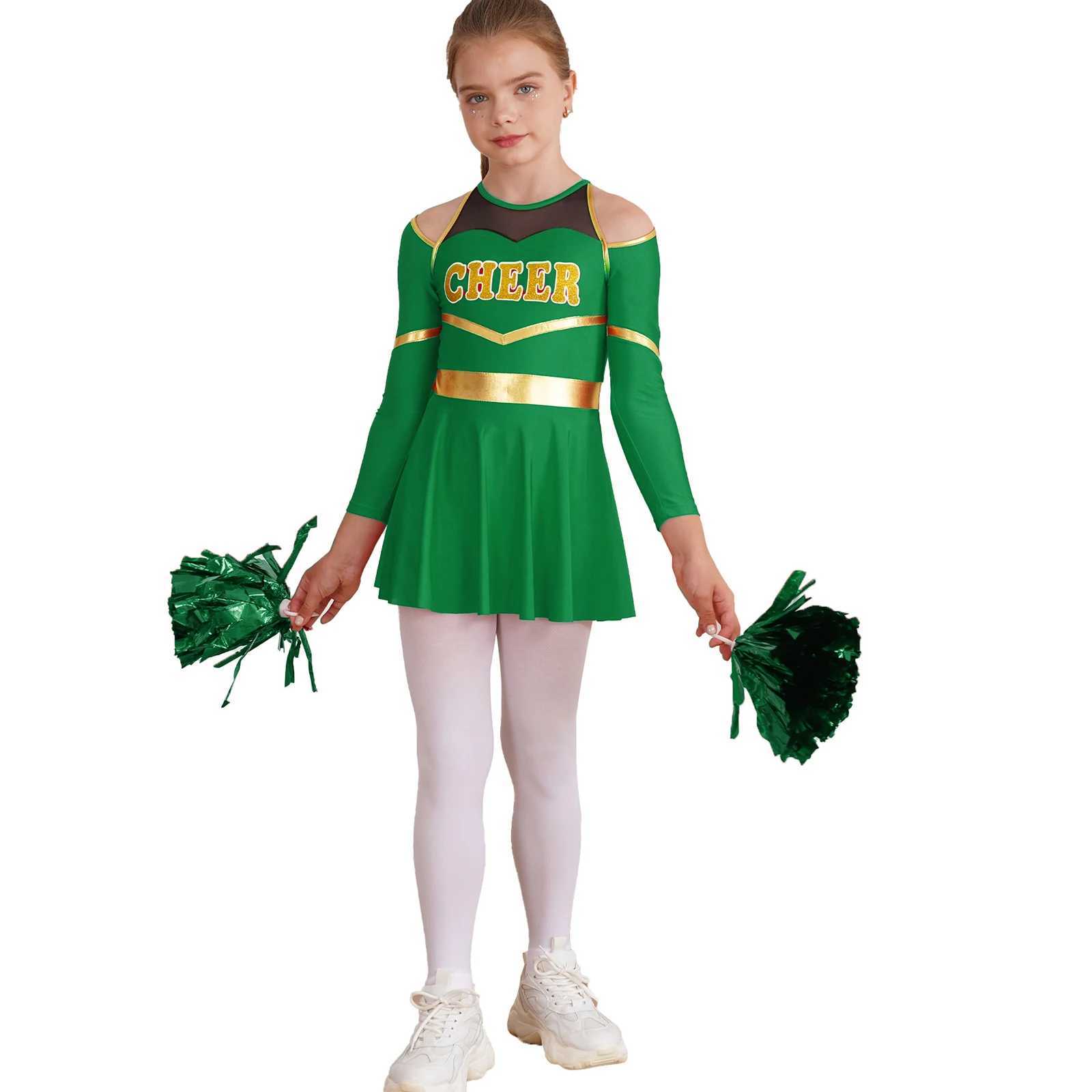 Kids Cheer Dance Outfits School Girls Cheerleading Uniforms Children Long Sleeve Leotard Dress with Hand Flowers for CosplayW250121