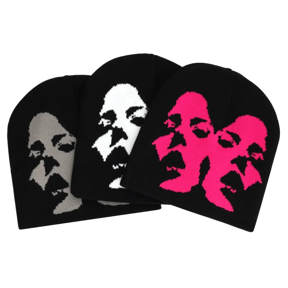 Fashion Facial Pattern Beanies Hip Hop Y2K Street Hat Womens Dance Hell Burning Winter Warm Knitted Hat Ski Hat 250109