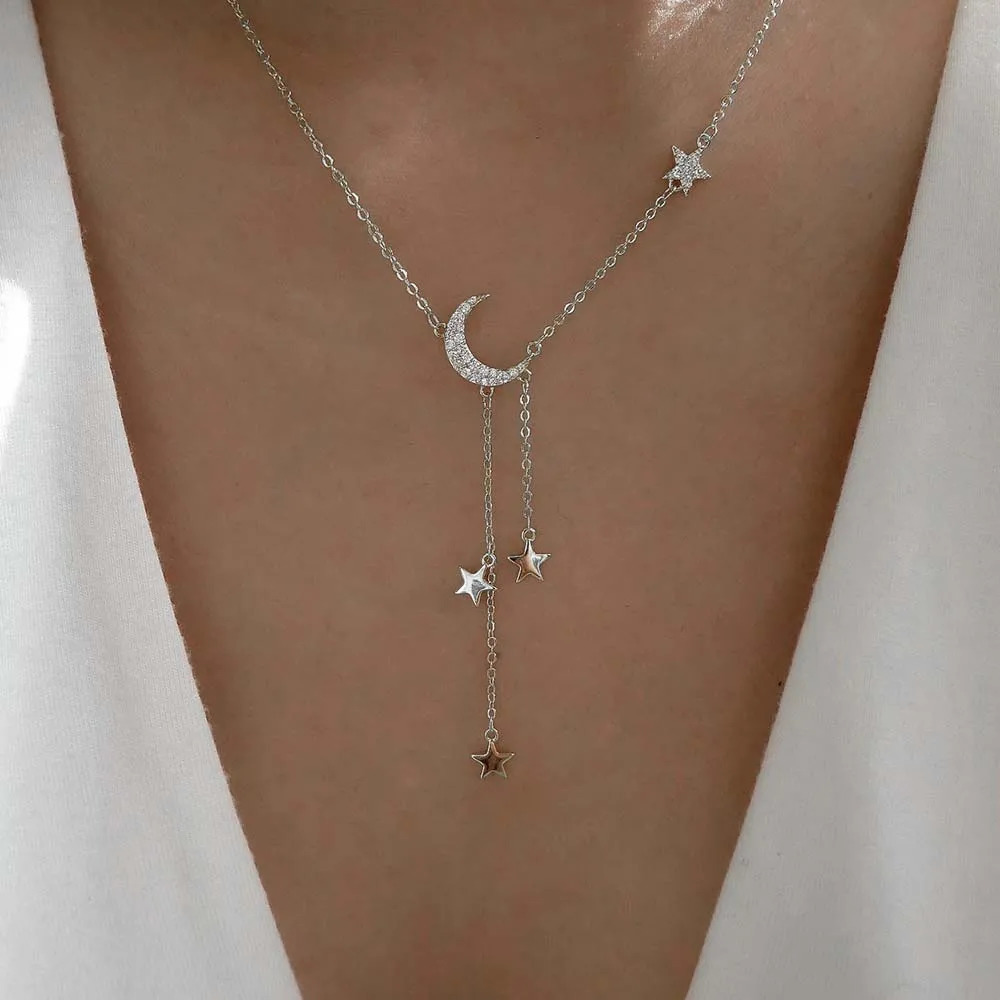 DPLAOPA 925 Sterling Silver Moon Drop Chain Star Moon Pendant Long Chain Fine Jewelry Crystal Jewels 250117