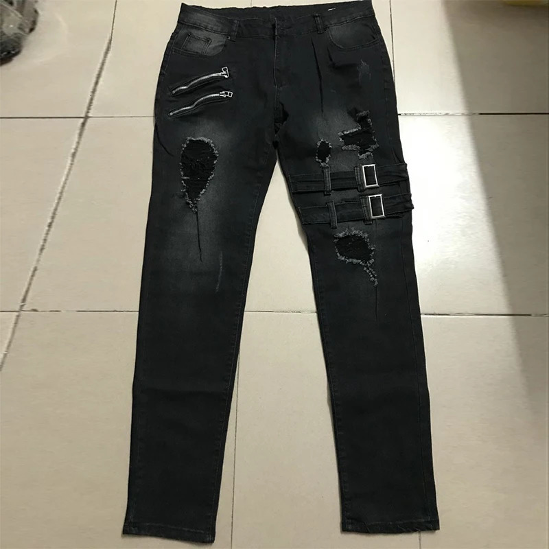 Street Skinny Ripped Jeans Men Denim Cargo Pants Wash Solid Color Casual Mid Waist Trousers Slim Daily Wear Joggers Y2K Clothing 250118