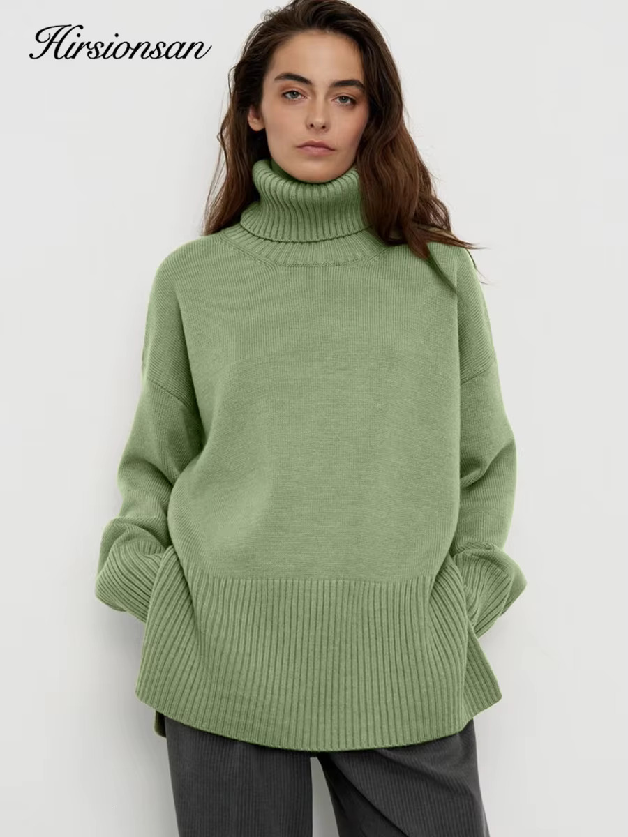 Hirsionsan Chic Turtle Neck Autumn Winter Sweater Women Soft Warm Basic Knitted Split Pullover Loose Casual Female Jumper