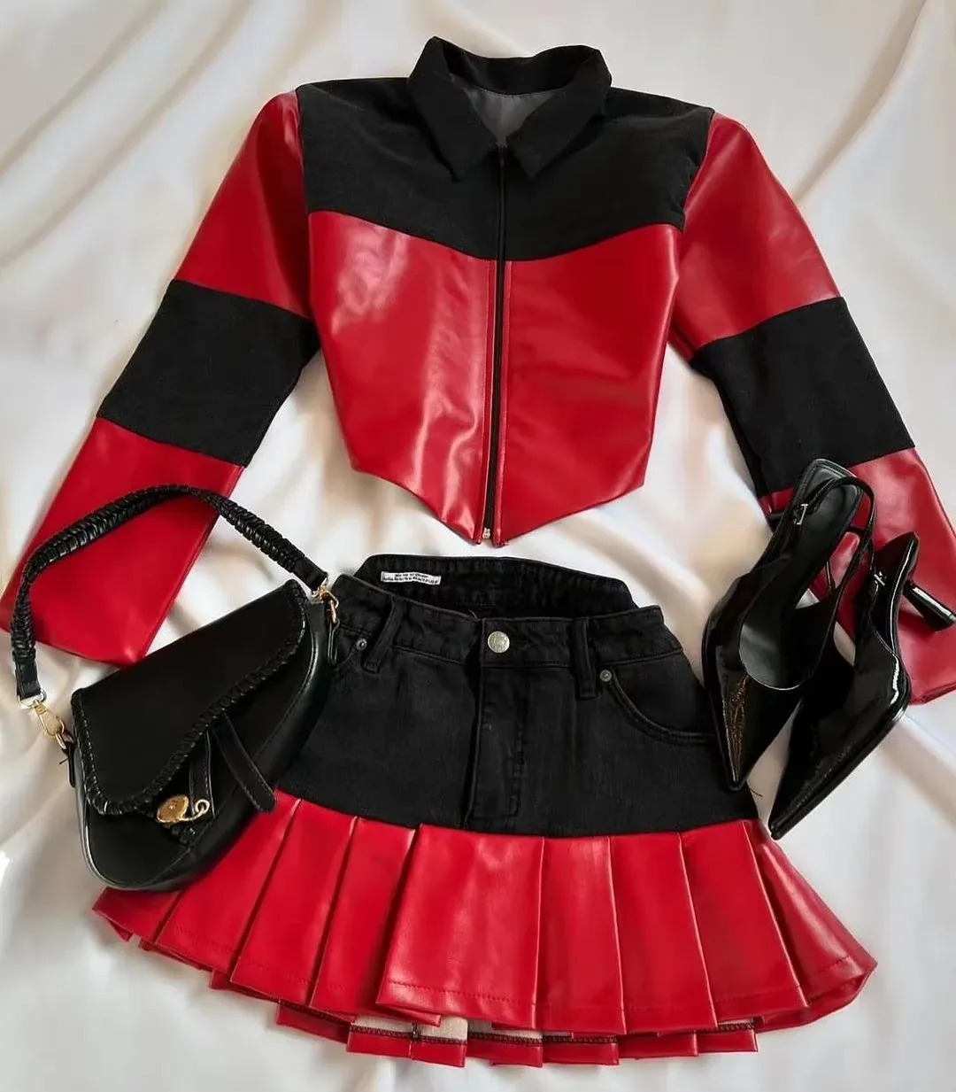 Womens Harajuku Gothic Leather Patchwork Denim Two Piece Set Girl Clothes Color Block Zip Jacket Mini Skirt 250122