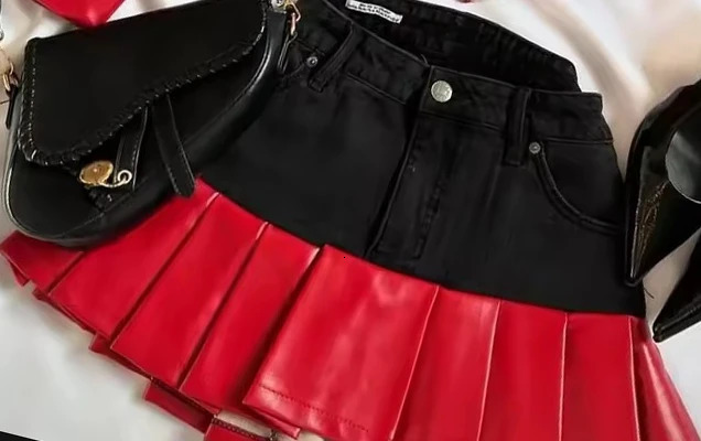 Womens Gothic Leather Patchwork Denim Skirt Jacket Two Piece Clothes Zip Mini Pleated Set 250122