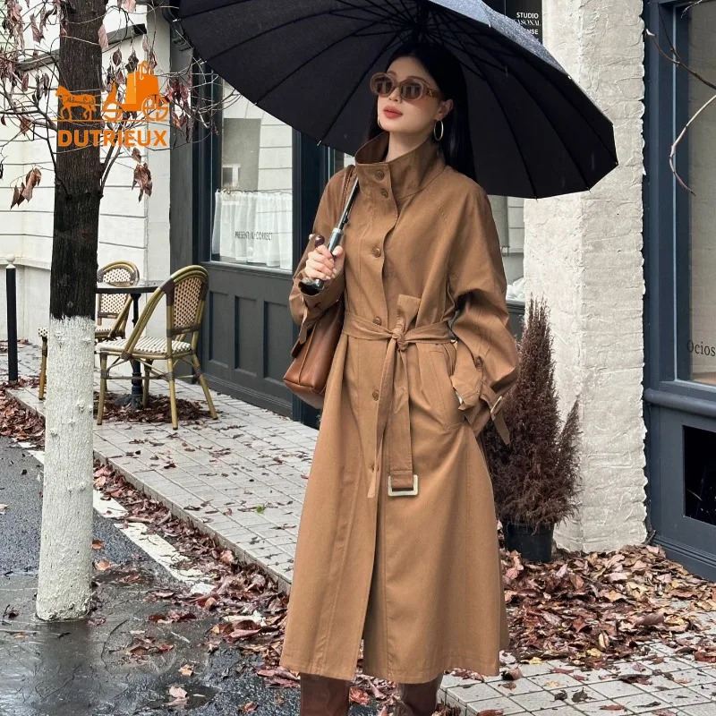 Womens winter windbreaker simple high-end long large silhouette vertical collar windbreaker waist belt jacket jacket 250118