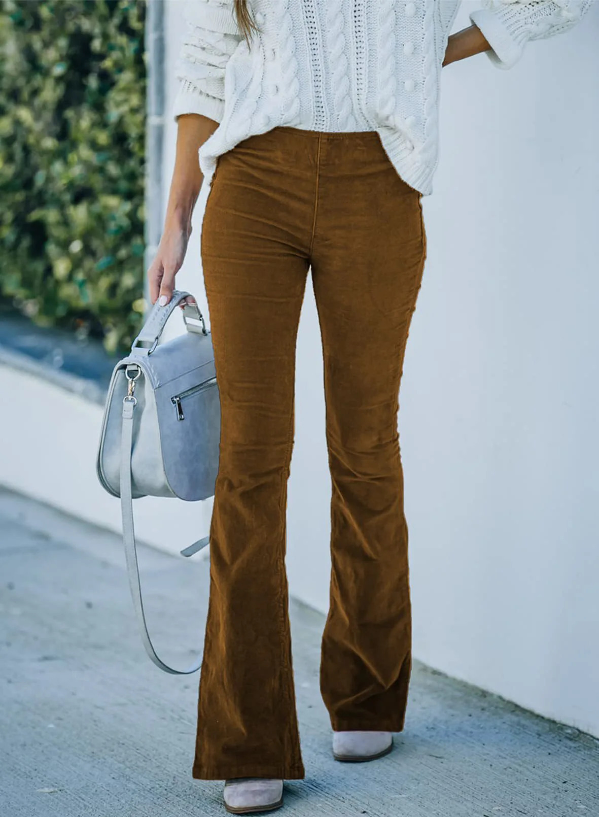 Womens Solid Color High Waisted Slim Fit Micro Flared Pants Corduroy Elastic Waisted Casual Pants 250117