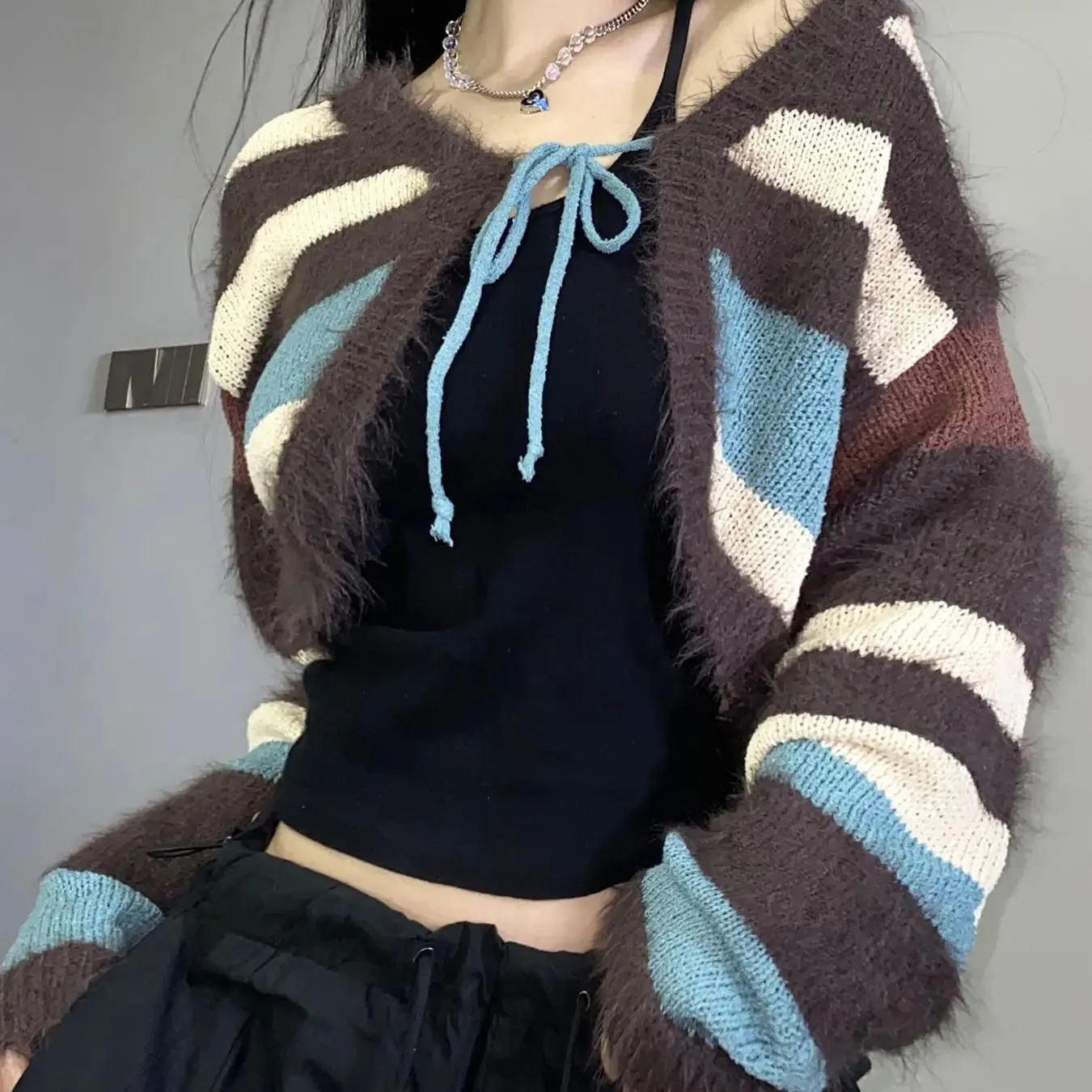 Y2K Casual Striped Cropped Tops Women Long Sleeve Soft Shawl Elegant Lace Up Cardigans Sweet Knitted Sweater 250122