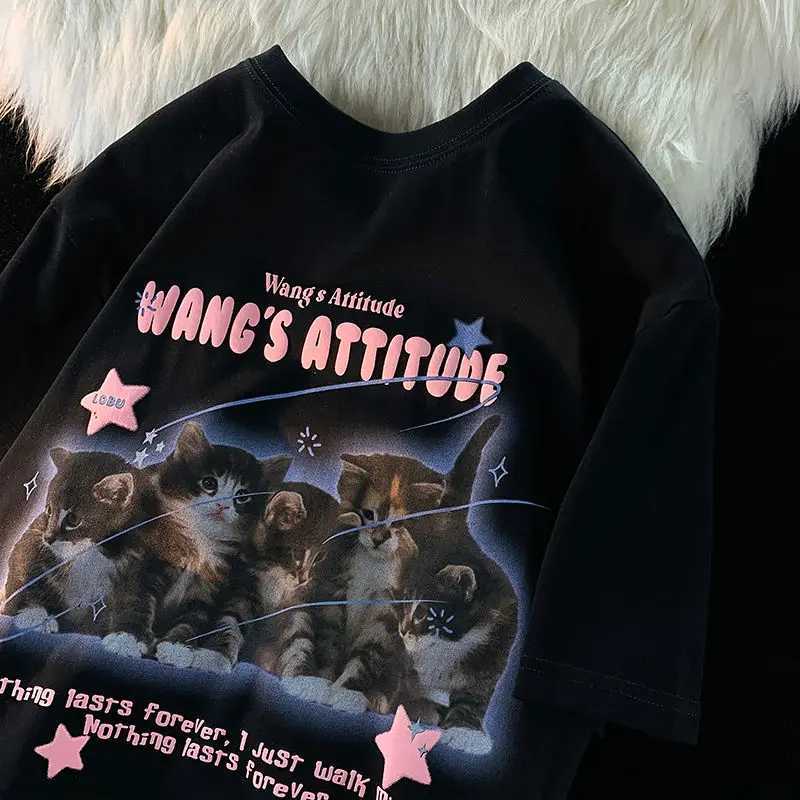 Summer trend men and women retro personality kitten print graphic T-shirt couple street loose hip-hop casual short sleeves y2k W250117