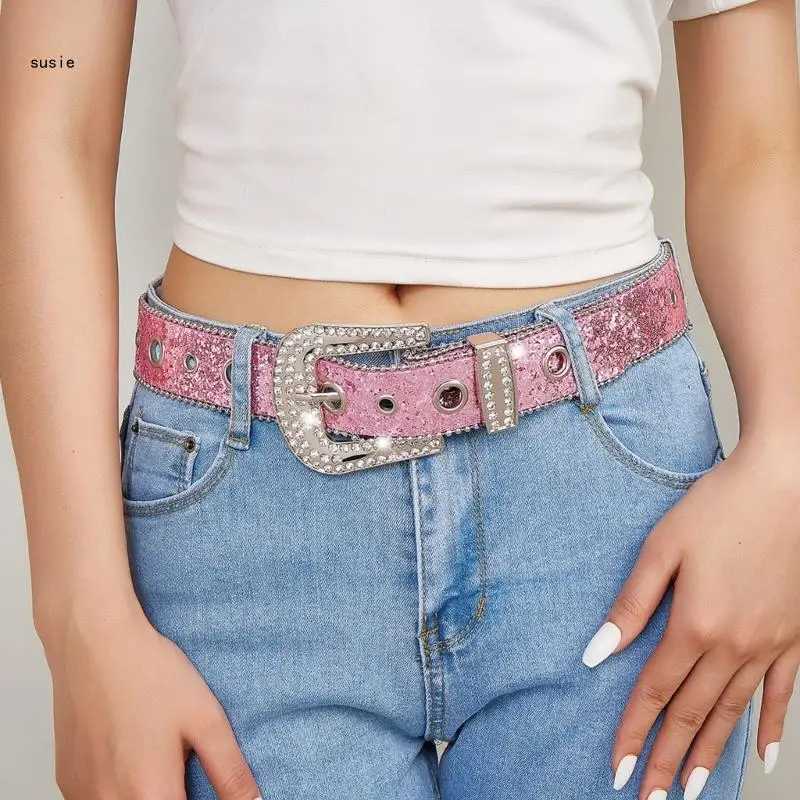 X7YA Pink Color Waist Belt Western Full Diamond Belt Cowgirl Cowboy Belt W250120
