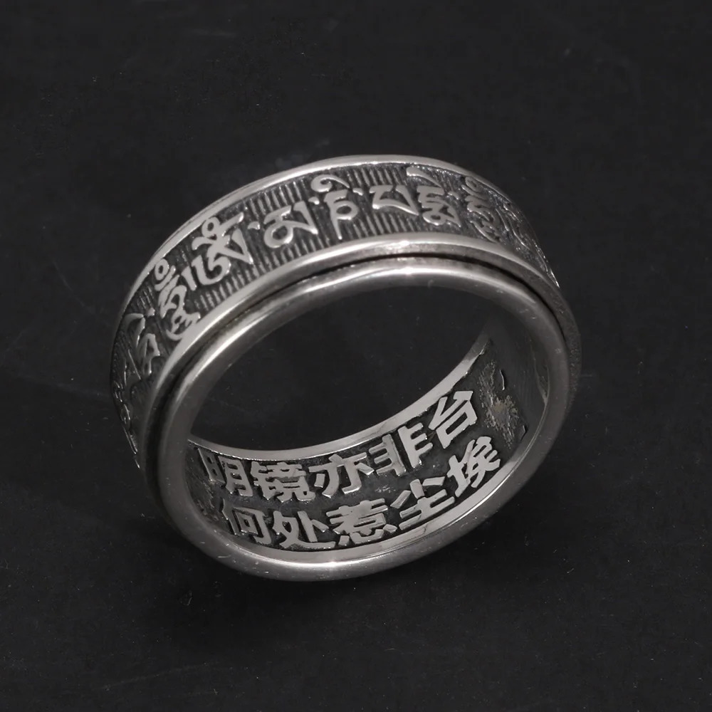 Real 925 Sterling Silver Vintage Rings For Men Rotatable Tibetan Six Words Mantra Rings Om Mani Padme Hum Buddhist Jewelry 250117