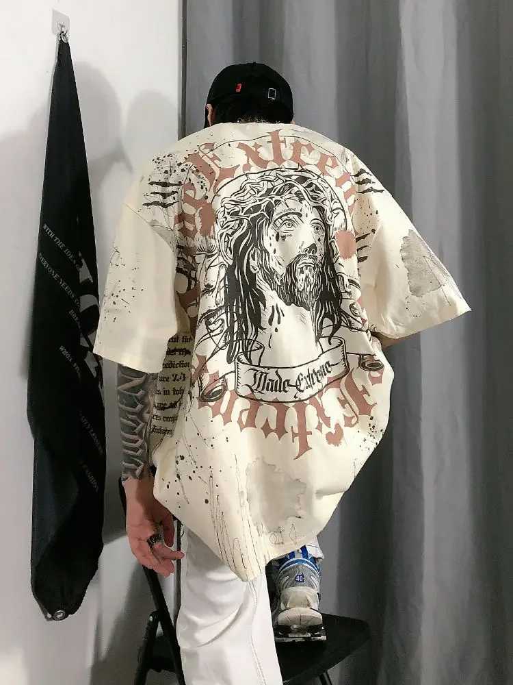American retro long street skirt washed out mens T-shirt loose hip-hop style summer style Y2K Harajuku W250117