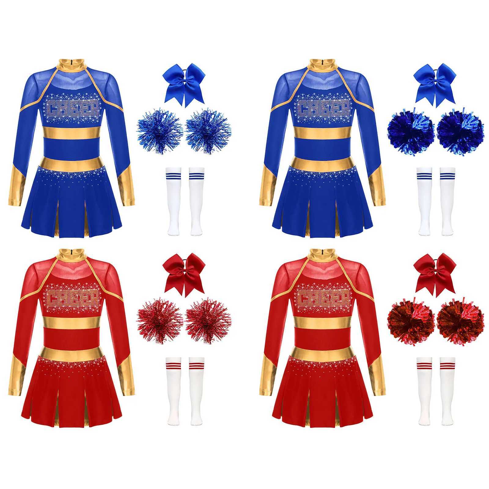 Kids Girls Cheerleading Costume Cheerleader Uniform Metallic Long Sleeve Dress Hand Flowers Socks Schoolgirls Team Dance OutfitsW250121