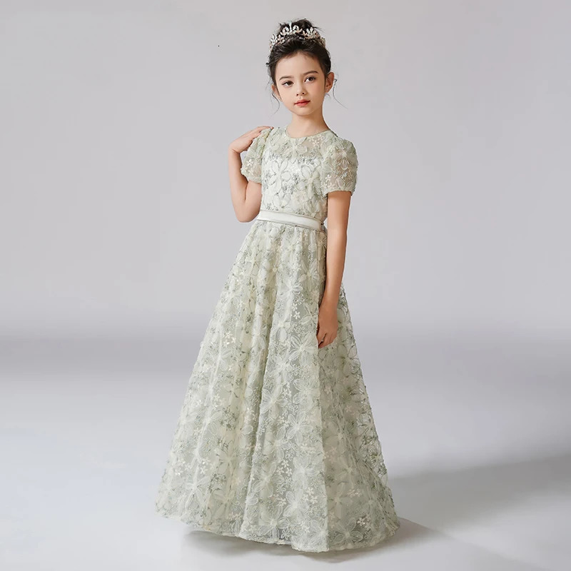 Dideyttawl Customized Dress For Girl Rhinestone Flower Lace Dresses Puff Sleeves Kids Birthday Formal Princess Gowns 250117