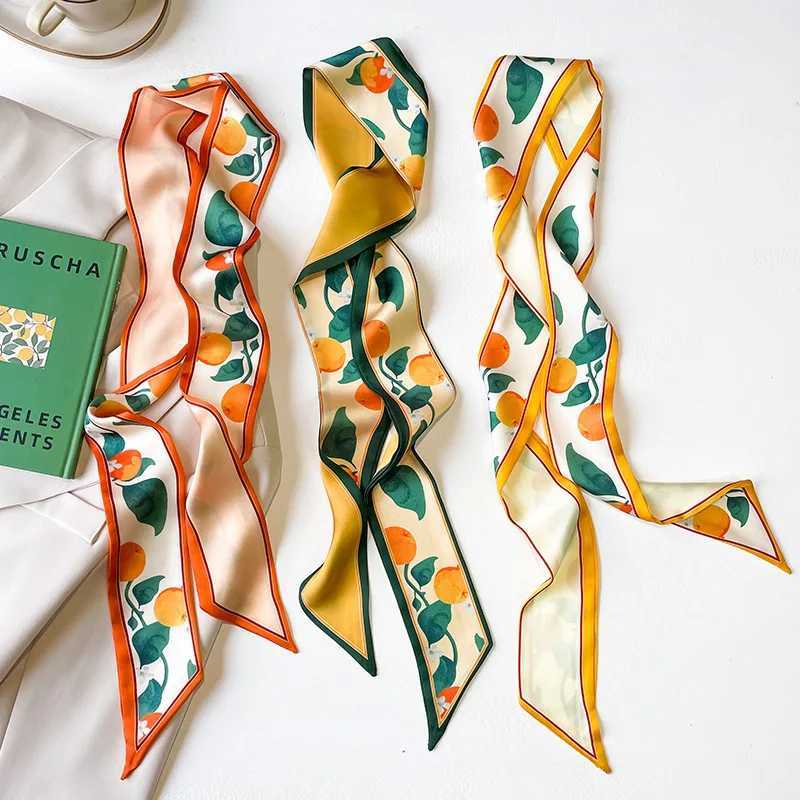 Fashion Silk Neck Scarf Luxury Long Narrow Orange Fruit Hair Tie La Print Soft Headband Shls and Wrs Neckerchief 130*7Cm W250118