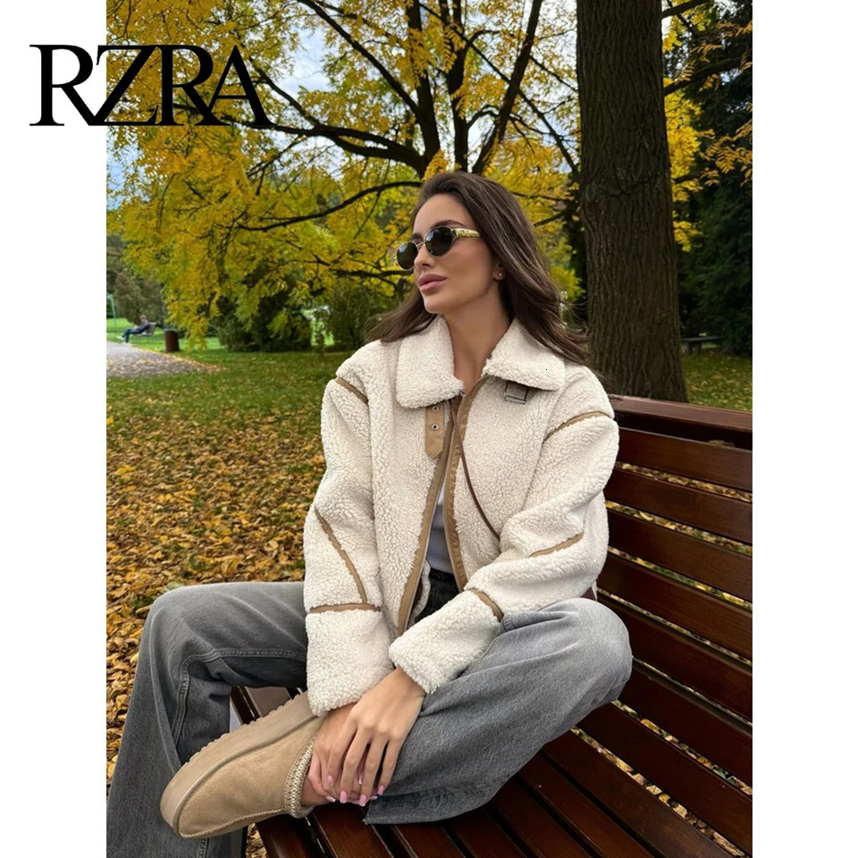 RZRA2024 winter womens clothing contrast color stripe fleece doublesided lapel jacket fashionable warm versatile 250109