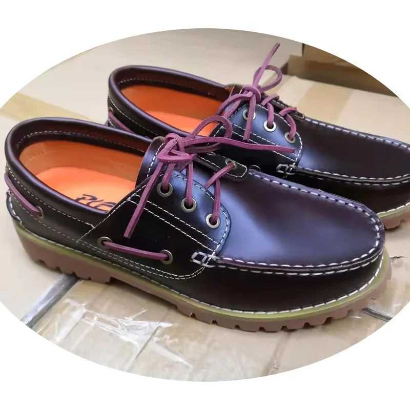 Genuine Leather Motorcycle Shoes Loafers for Men Casual Cowboy Shoes Boat Shoes Male Footwear Brown Lace-up HandmadeXJ250118