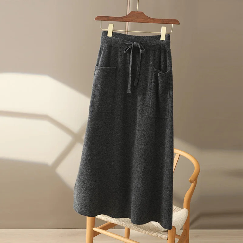 Autumn And Winter100 Pure Wool Skirt Womens Long Pocket Small A High Waist Slim Cashmere Knit ALine 250121