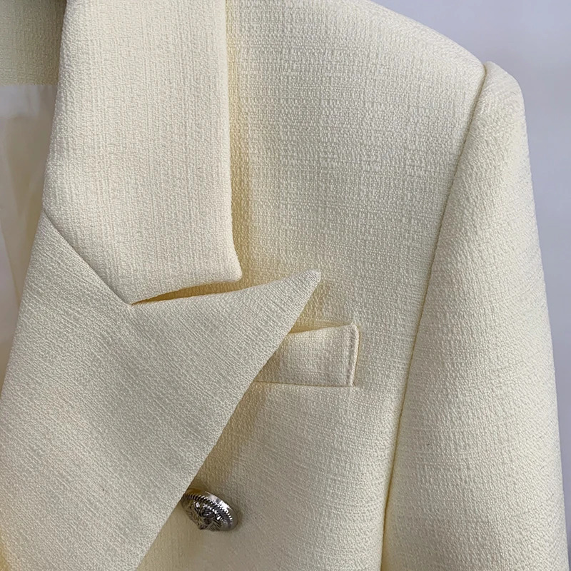 HIGH STREET est Classic ner Blazer Womens Lion Buttons Double Breasted Slim Fit Textured Pastel yellow 250120