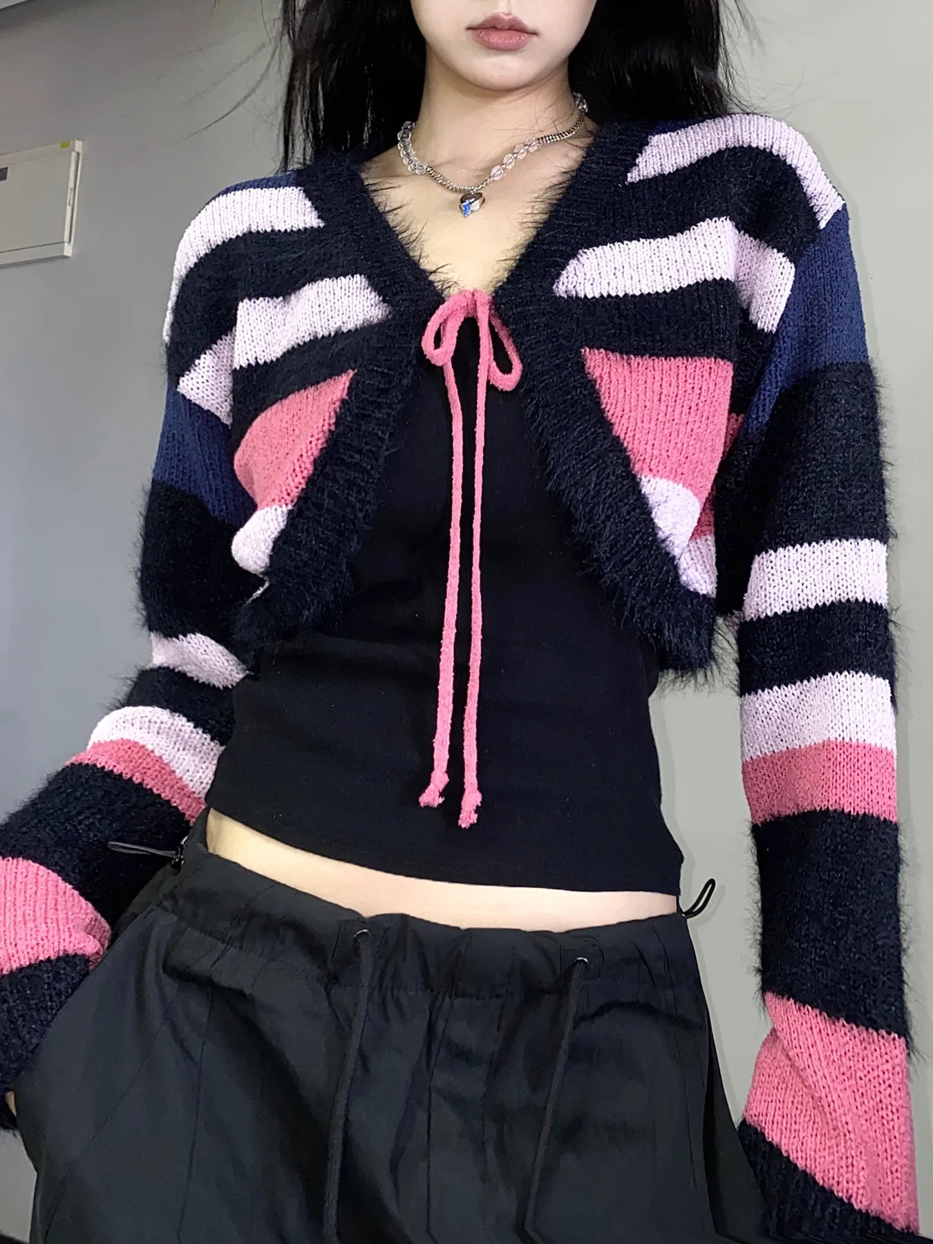 Y2K Casual Striped Cropped Tops Women Long Sleeve Soft Shawl Elegant Lace Up Cardigans Sweet Knitted Sweater 250122
