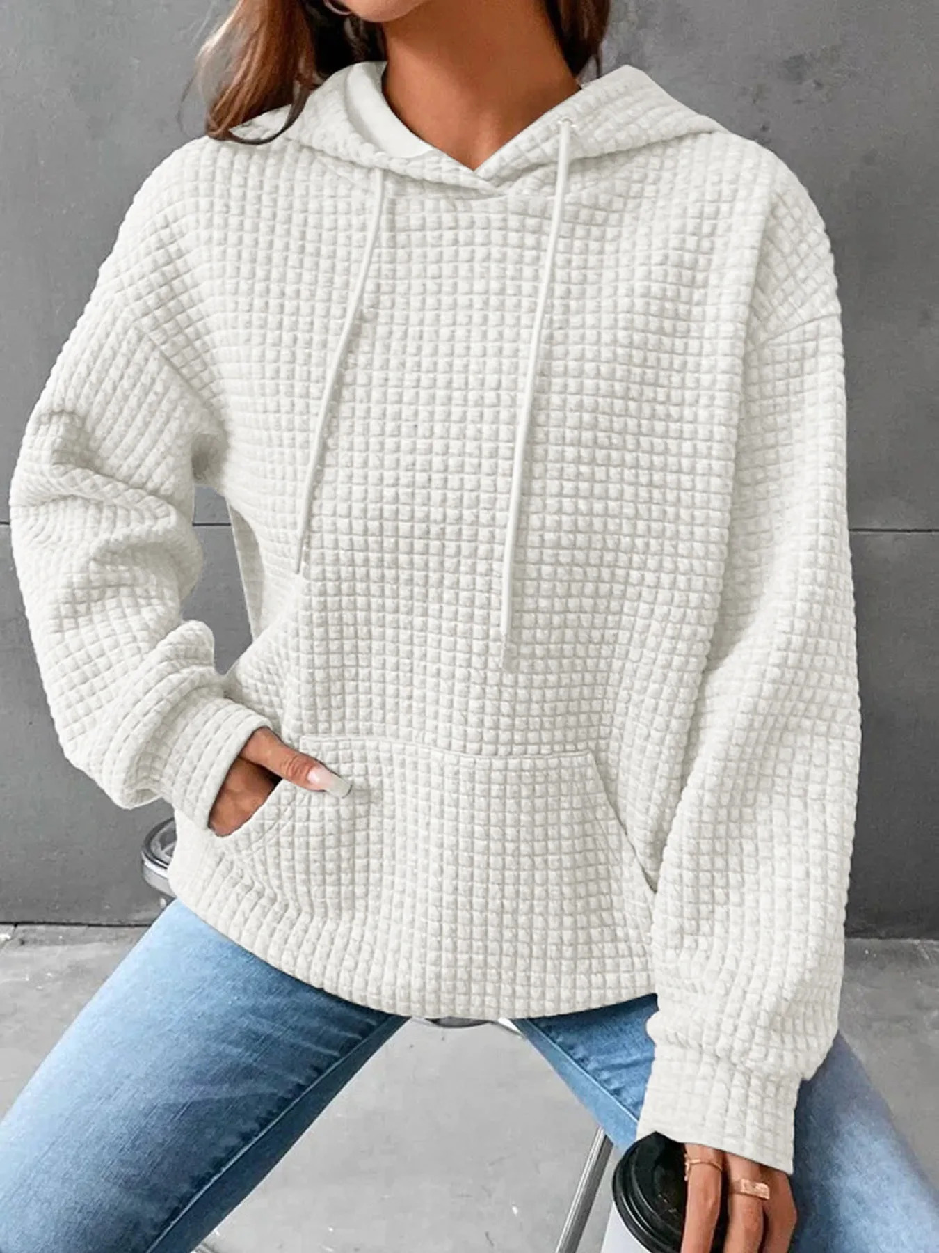 Womens hooded sweatshirt spring and autumn style waffle fashion beautiful solid color drawstring loose 250122
