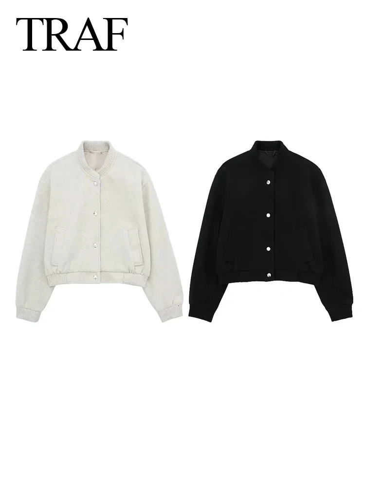 TRAF Vintage Women Soft Cropped Bomber Jacket Female Autumn Winter Woolen Cloth Jacket Woman Fashion Short Coats 250113