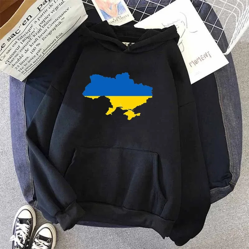 Ukraine Cartoon Print Hoodies Women Autumn Winter Clothes Harajuku Punk Vintage Graphic Tee Down Jacket Woman Black Hooded Top 250122