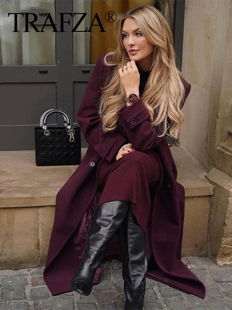 TRAFZA Elegant Double Breasted Windbreaker With Belt Female Long Sleeve Lace Up Loose Lapel Pockets Fashion Woolen Coat 250118