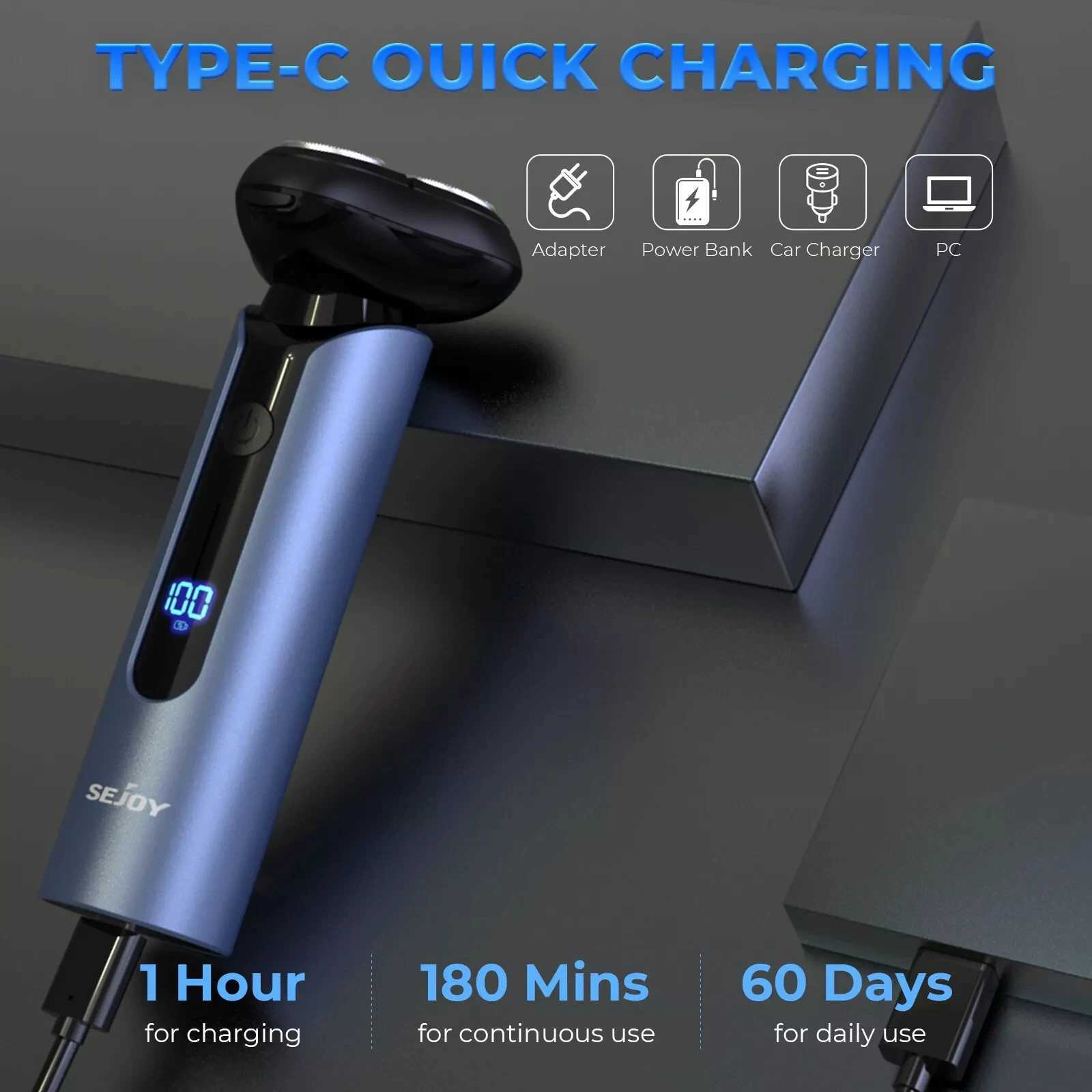 Sejoy Electric Beard Trimmer Mens Razor Rotary Rechargeable Beard Shaving Mane Men Trimmer CordlessW250117