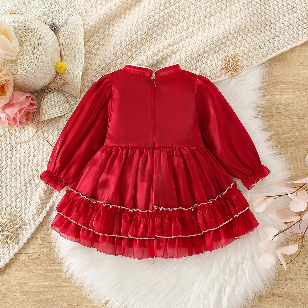 Autumn and Winter Girls Qipao Small Standing Neck Long Sleeve Dress Childrens Embroidered Ruffle Edge Pleated Large Skirt 250117