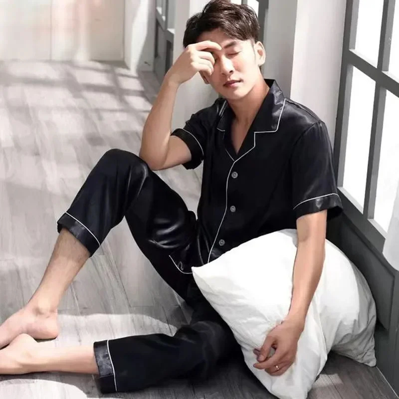 Short Men Silk Summer Satin Pyjama Wear For Pajamas Lounge Pijama Color Home Night Pants Pajama Set Sleeve Male Suit Mens Solid 250122