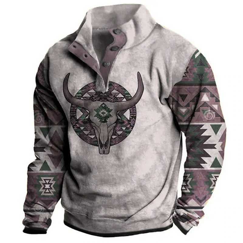 Mens Hoodie Autumn Long Sleeve Sweatshirt Vintage Aztec Cow Skull Print Oversized Y2K Clothing Button Fashion Hoodies for Men W250117