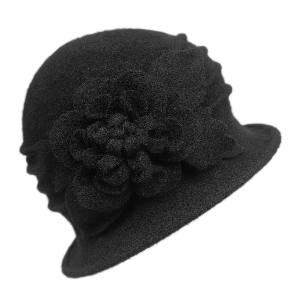 Women 100% Wool Hat For Autumn and Winter Moms Warm Soft Hats Dimensional Floral Fedoras 250118