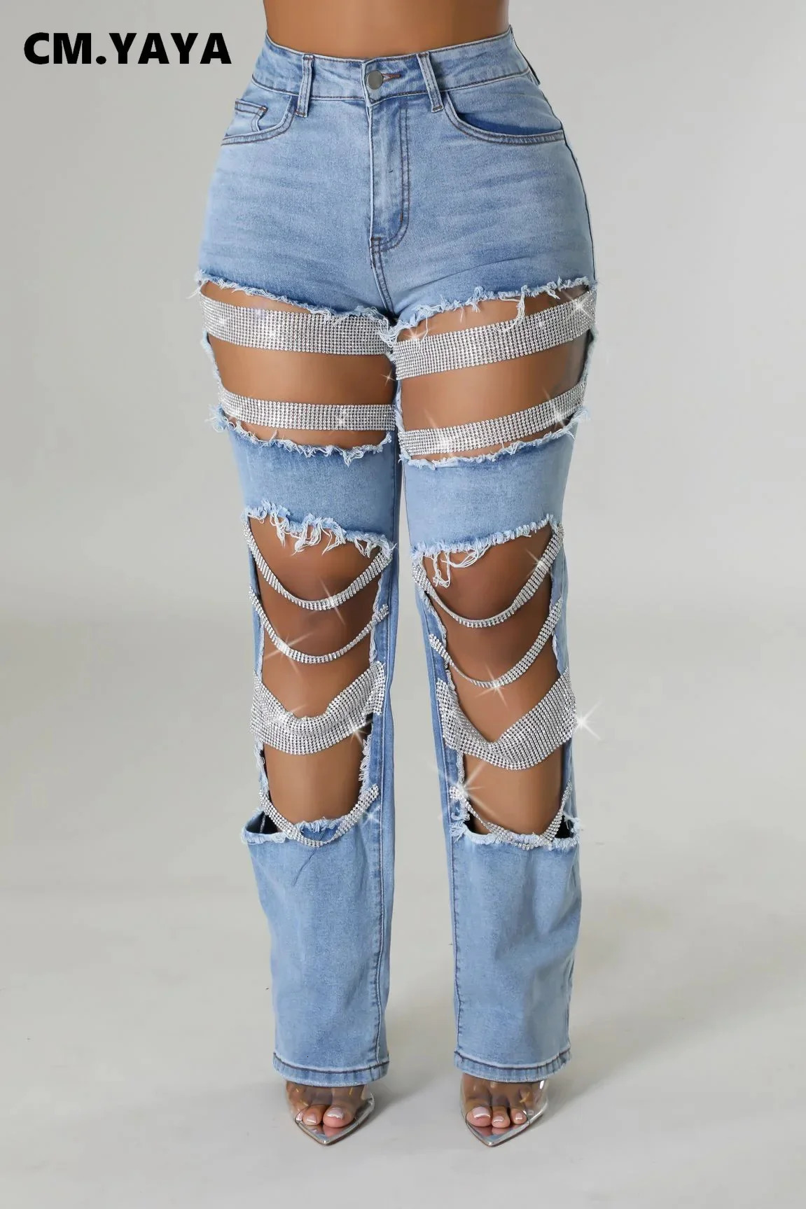 CM.YAYA Women Fashion Pearl Beading Ripped Hollow Out Tassel Wide Leg Jeans Summer INS Street Denim Pants Trousers 250117