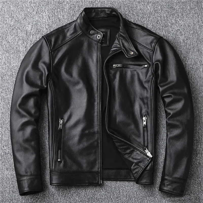 .classic motor styleblack genuine leather Jacketfashion men casual Leather coatstreet biker coatwholesales 250120
