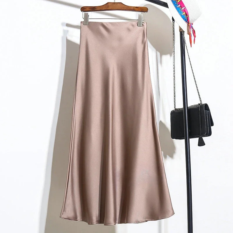 High Waisted A-line Skirt for Women Satin Silk Solid Elegant Skirts Office Lady Elastic Waist Womens Long Skirt Summer 250118