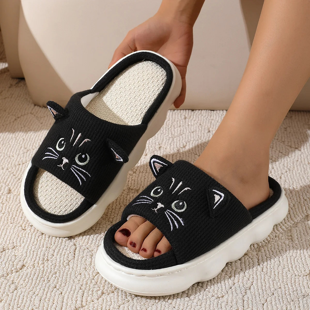 Kidmi Cute kitty Women Slippers Fashion Breathable Indoor House Sweatabsorbing Linen Antiskid Casual 250117