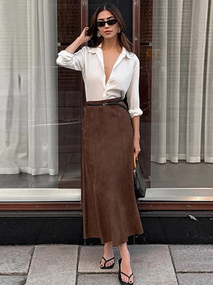 Casual Suede Skirts Women Vintage Loose High Waist Flare Fishtail Female Autumn Winter Fashion Soft Zipper Skirts Lady 250117