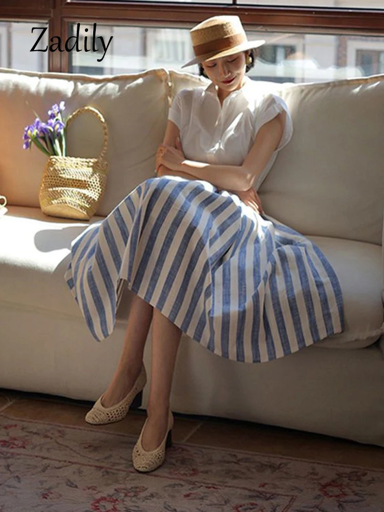 2024 Summer Vintage High Waist Striped Skirt Beach Style ALine Cotton Linen Women Casual Elastic force Ladies Skirts 250121